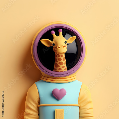 whimsical giraffe in astronaut suit with heart shaped emblem, set against yellow background photo