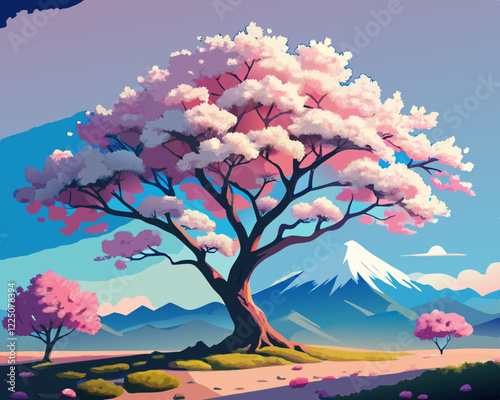   Un árbol de sakura en plena floración se alza majestuoso sobre un paisaje con montañas y un cielo despejado. La atmósfera combina serenidad y belleza natural.
