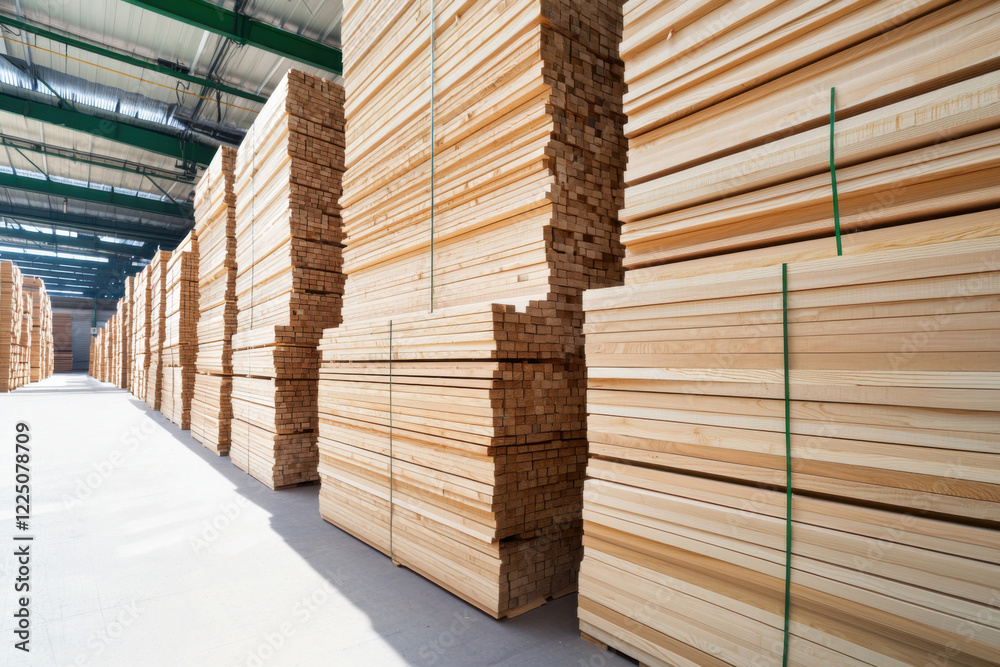 Stacks of lumber organized in a spacious industrial warehouse for efficient storage. Stacks of lumber organized in a spacious industrial warehouse for efficient storage.