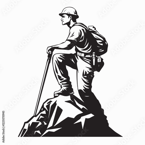 Construction Worker in Hard Hat on Rock Surface, Hard at Work, Vector Design