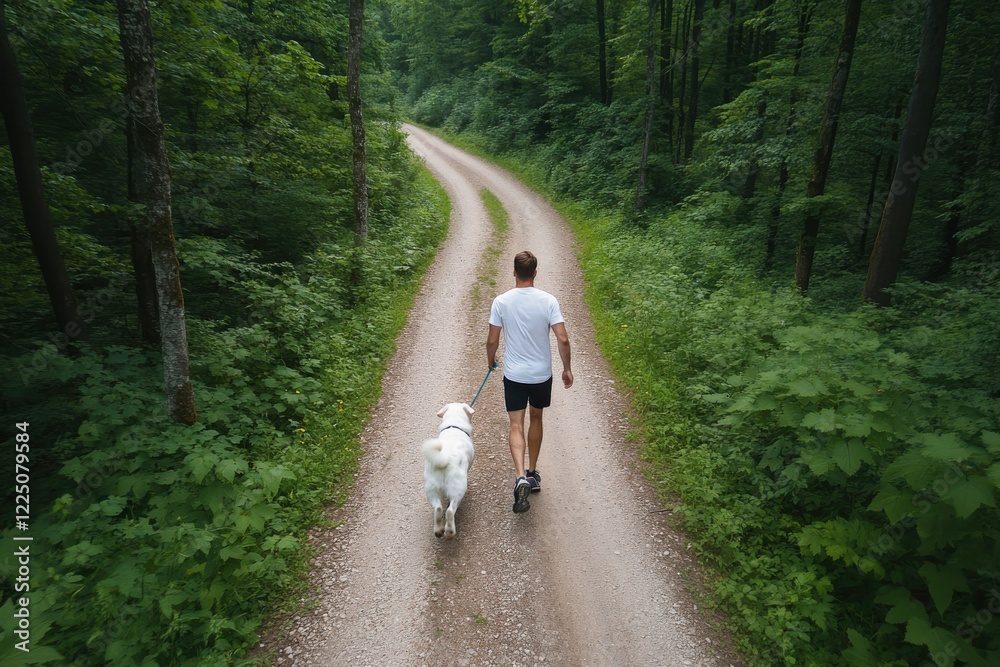 A man walks his dog along a peaceful dirt path surrounded by lush green foliage, showcasing the beauty of nature and the bond between humans and pets. A man walks his dog along a peaceful dirt path surrounded by lush green foliage, showcasing the beauty of nature and the bond between humans and pets.