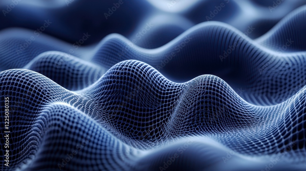 Obraz premium Abstract 3D rendering of a dark blue wave like surface composed of small particles. The image features a textured, undulating pattern with varying
