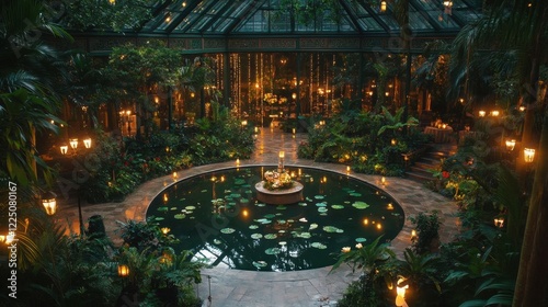 A luminous wedding stage in a lush indoor botanical garden.