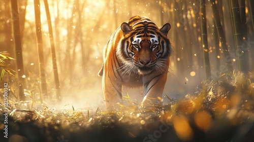A tiger strides through bamboo.