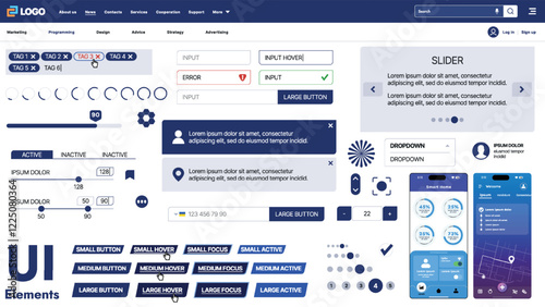 A modern UI kit featuring a collection of buttons, icons, navigation menus, and responsive design elements. Includes login forms, media players, search bars, and calendars, ideal for apps, websites