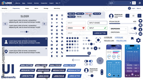 A modern UI kit featuring a collection of buttons, icons, navigation menus, and responsive design elements. Includes login forms, media players, search bars, and calendars, ideal for apps, websites