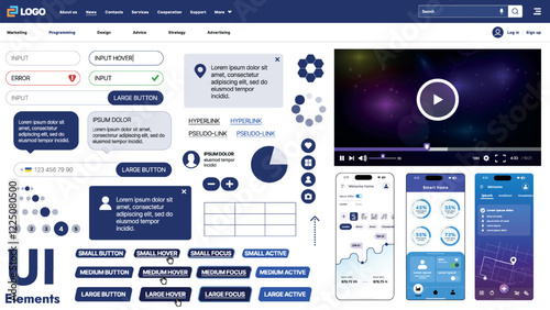A modern UI kit featuring a collection of buttons, icons, navigation menus, and responsive design elements. Includes login forms, media players, search bars, and calendars, ideal for apps, websites