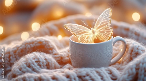 A glowing butterfly atop a ceramic mug.