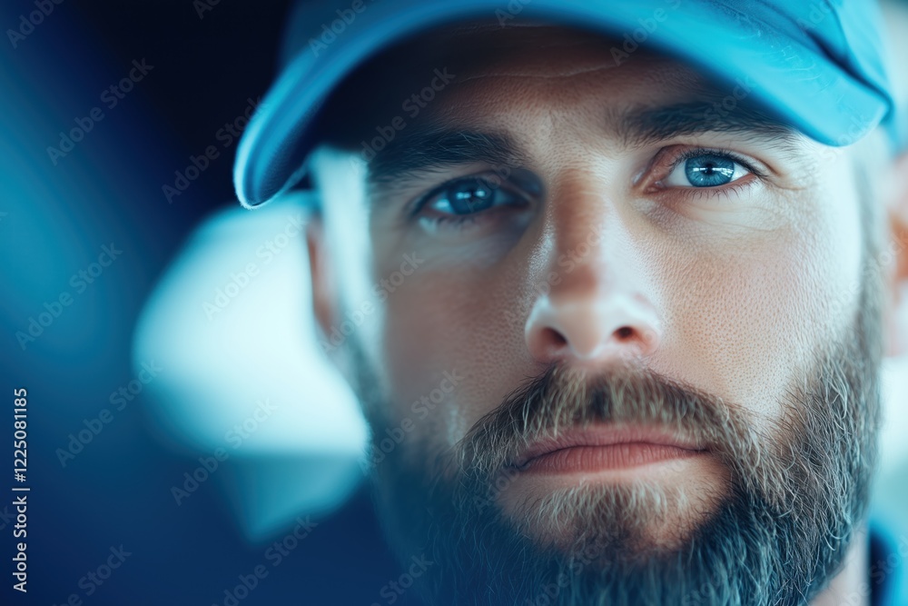 A contemplative man with a well-groomed beard and a blue cap stares into the distance, immersed in thought. The soft lighting highlights his intense blue eyes, creating a captivating ambiance. A contemplative man with a well-groomed beard and a blue cap stares into the distance, immersed in thought. The soft lighting highlights his intense blue eyes, creating a captivating ambiance.