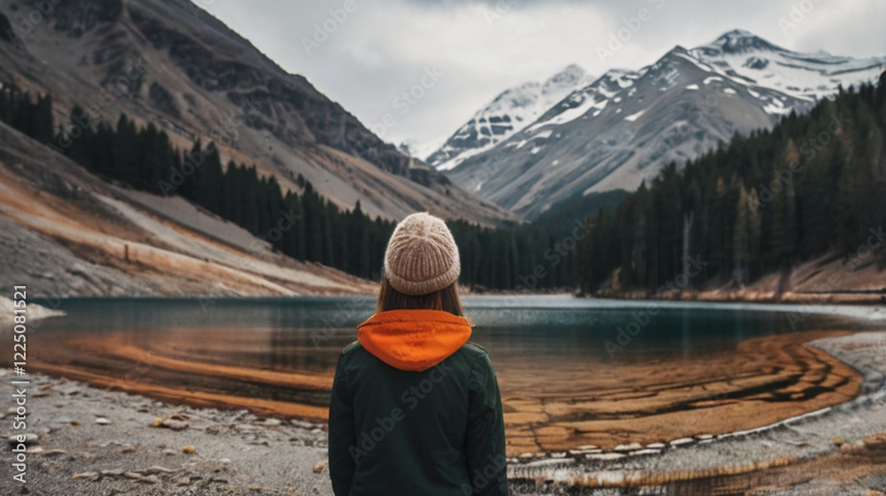 Back view of a woman looking at majestic mountain scenery during winter time Back view of a woman looking at majestic mountain scenery during winter time