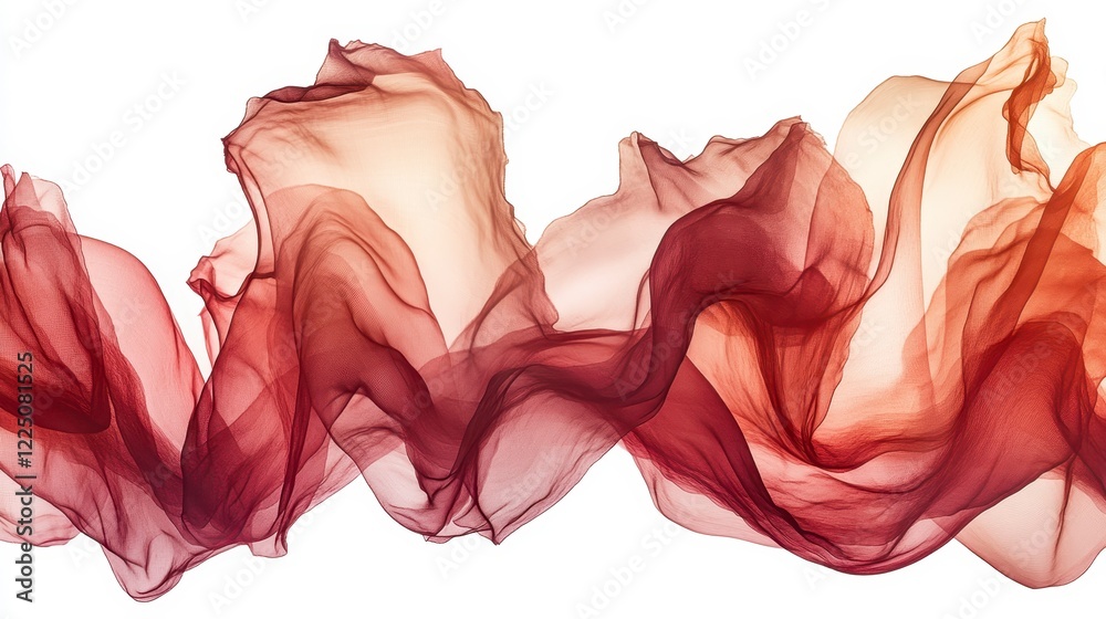 Fototapeta premium Abstract image of flowing, translucent fabric in shades of red, brown, and beige. The fabric creates soft, undulating waves against a white