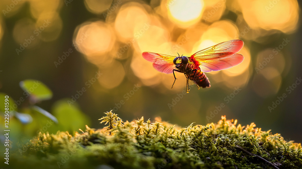 A vibrant insect hovering above lush green moss, illuminated by a warm golden sunset glow A vibrant insect hovering above lush green moss, illuminated by a warm golden sunset glow