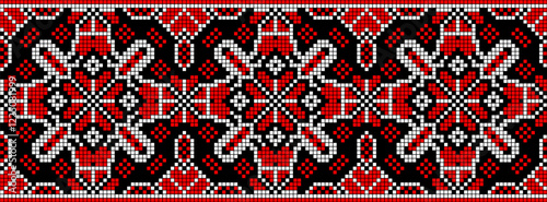 Vector illustration of Ukrainian ornament in ethnic style, identity, vyshyvanka, embroidery for print clothes, websites, banners. Background. Geometric design, border, copy space, frame
