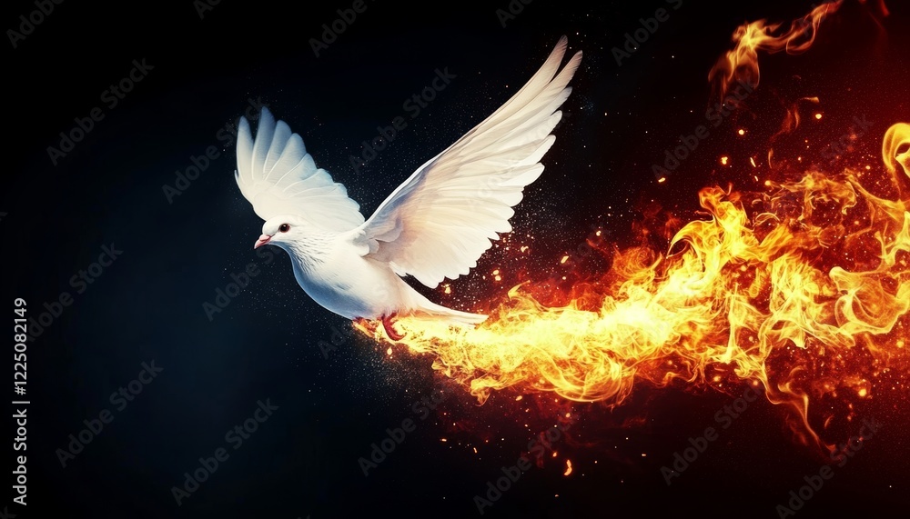 Fototapeta premium White Dove In Flight With Burning Wings Against A Dark Background, Symbolizing The Holy Spirit