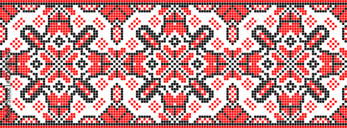 Vector illustration of Ukrainian ornament in ethnic style, identity, vyshyvanka, embroidery for print clothes, websites, banners. Background. Geometric design, border, copy space, frame