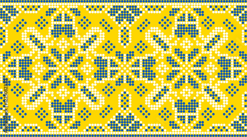 Vector illustration of Ukrainian ornament in ethnic style, identity, vyshyvanka, embroidery for print clothes, websites, banners. Background. Geometric design, border, copy space, frame