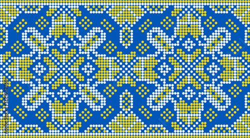 Vector illustration of Ukrainian ornament in ethnic style, identity, vyshyvanka, embroidery for print clothes, websites, banners. Background. Geometric design, border, copy space, frame