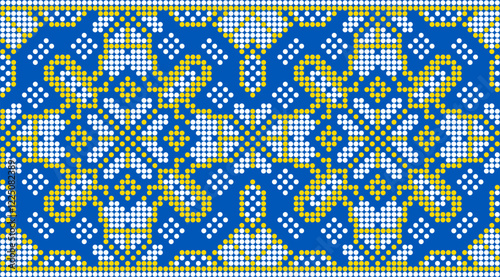 Vector illustration of Ukrainian ornament in ethnic style, identity, vyshyvanka, embroidery for print clothes, websites, banners. Background. Geometric design, border, copy space, frame