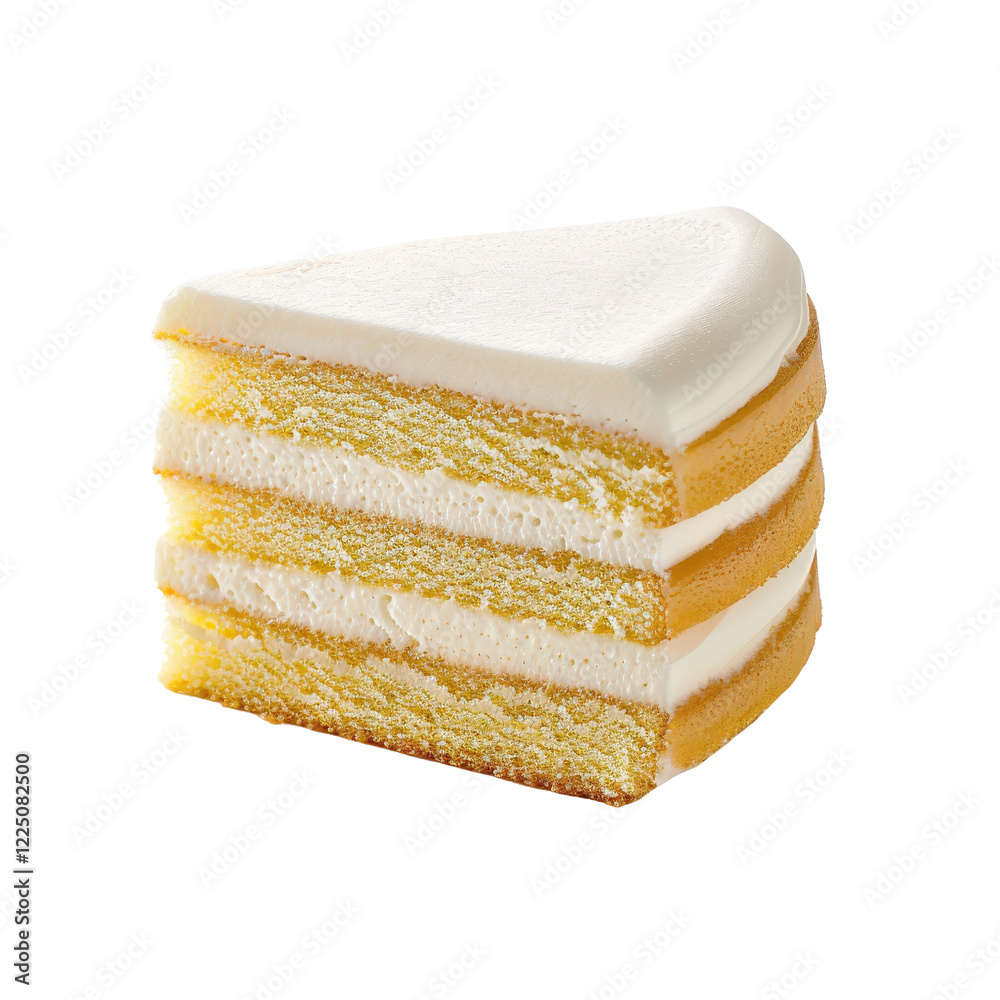 Fototapeta premium Slice of vanilla cake with creamy frosting and layers