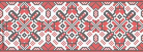 Vector illustration of Ukrainian ornament in ethnic style, identity, vyshyvanka, embroidery for print clothes, websites, banners. Background. Geometric design, border, copy space, frame