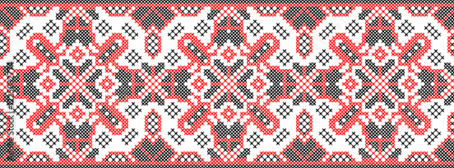 Vector illustration of Ukrainian ornament in ethnic style, identity, vyshyvanka, embroidery for print clothes, websites, banners. Background. Geometric design, border, copy space, frame