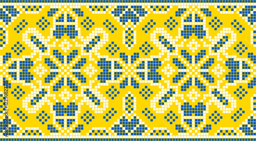 Vector illustration of Ukrainian ornament in ethnic style, identity, vyshyvanka, embroidery for print clothes, websites, banners. Background. Geometric design, border, copy space, frame