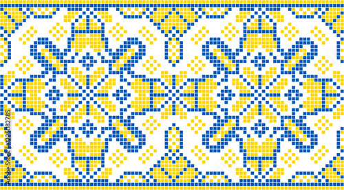 Vector illustration of Ukrainian ornament in ethnic style, identity, vyshyvanka, embroidery for print clothes, websites, banners. Background. Geometric design, border, copy space, frame