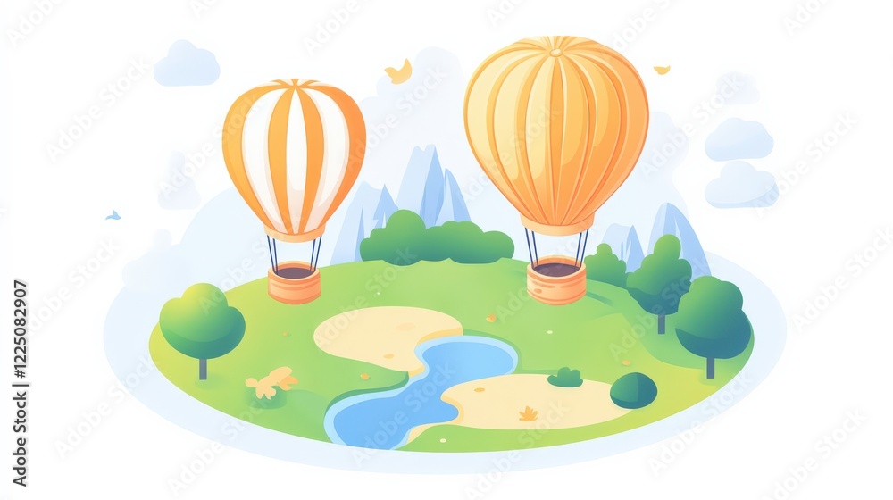 Naklejka premium Two colorful hot air balloons floating over a serene landscape with a river and trees in the background