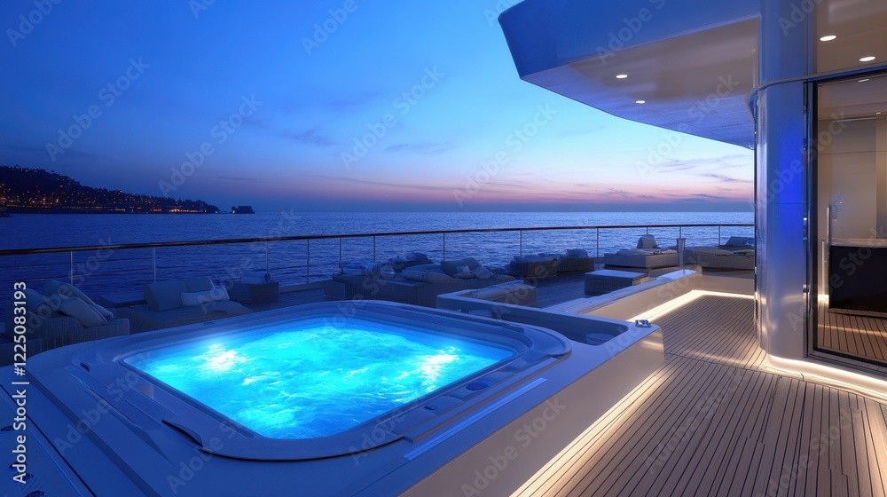 Fototapeta premium Luxury yacht jacuzzi at sunset, ocean view. Perfect for travel, luxury, and relaxation themes.