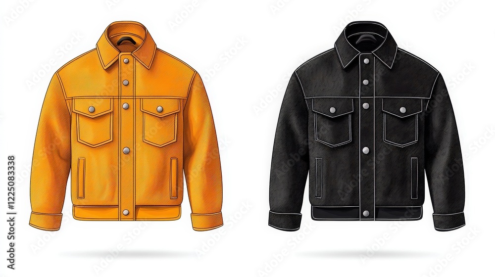 Naklejka premium Stylish Yellow and Black Denim Jackets for Fashionable Men and Women on White Background