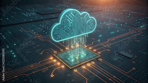 Generative AI image of cloud computing and digital data transfer with computing networked across cities country and globe with virtualization approach