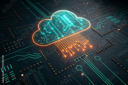 Generative AI image of cloud computing and digital data transfer with computing networked across cities country and globe with virtualization approach