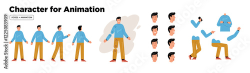 Man character for animation. Creation set with various views, face emotions, poses and gestures.