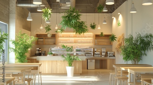 A bright cannabis caf interior with clean wooden tables, small potted plants, and minimalist lighting. digital