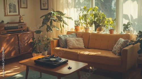 A beautifully decorated mid-century living room with a vintage record player and several potted plants