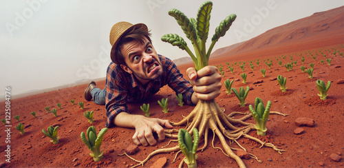 Struggling Martian Farmer Wrestling with a Mutant Crop in Red Soil