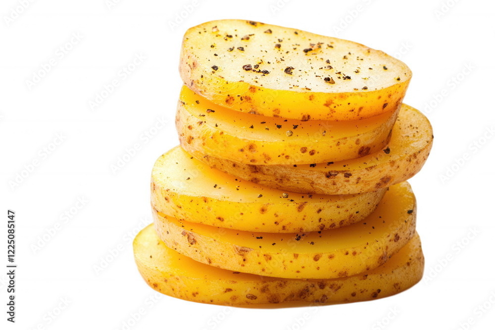 Freshly sliced yellow potatoes seasoned with pepper, stacked neatly with a transparent background for culinary uses and recipe creation Freshly sliced yellow potatoes seasoned with pepper, stacked neatly with a transparent background for culinary uses and recipe creation