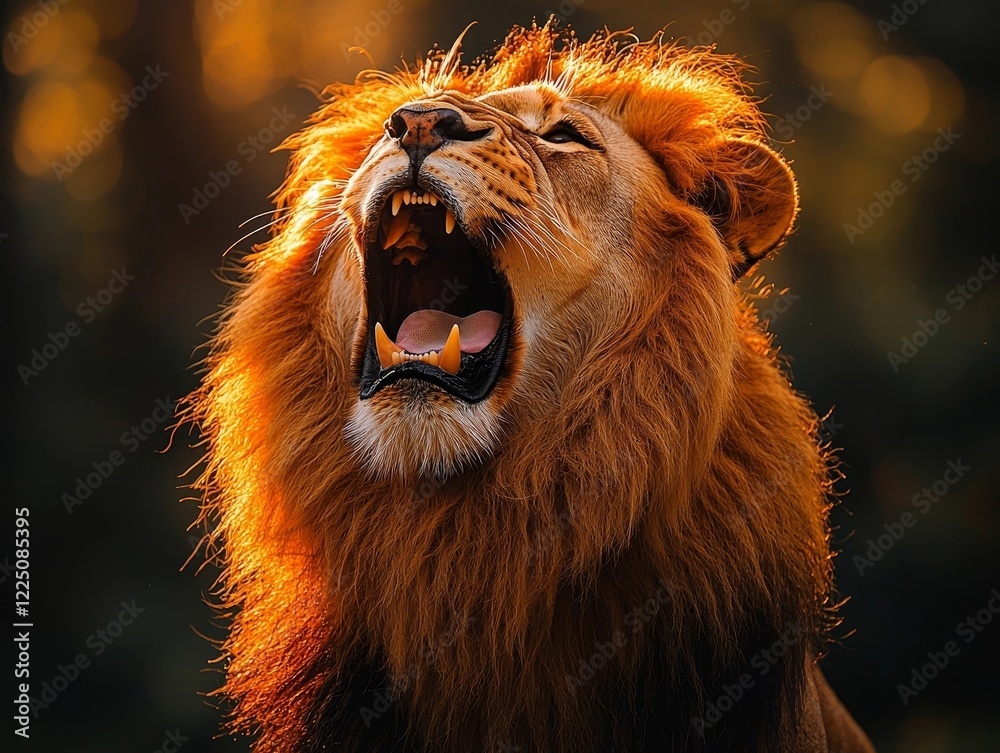 Naklejka premium Fierce Lion Roaring with Flowing Golden Mane and Piercing Eyes
