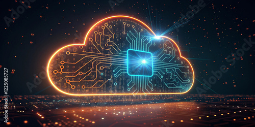 Generative AI image of cloud computing and digital data transfer with computing networked across cities country and globe with virtualization approach