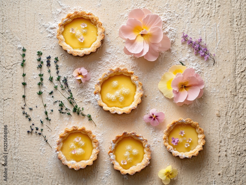 Artistic Flat Lay of Tartlets with Edible Flowers and Fresh Ingredients Artistic Flat Lay of Tartlets with Edible Flowers and Fresh Ingredients