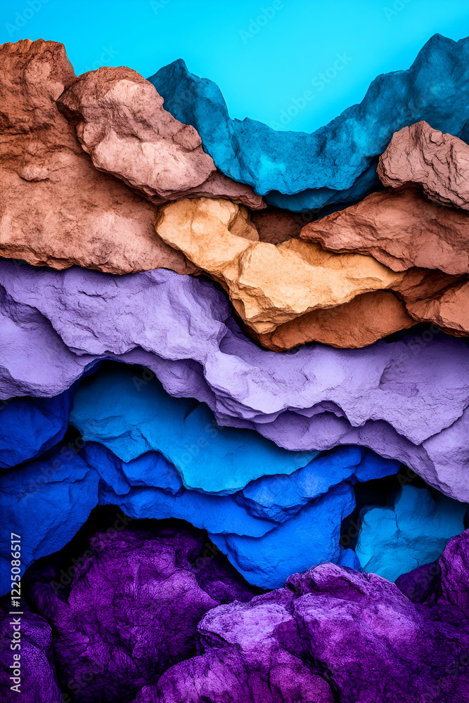 Naklejka premium A vibrant, layered rock formation in shades of brown, purple, and blue, creating a striking visual contrast against a bright background.