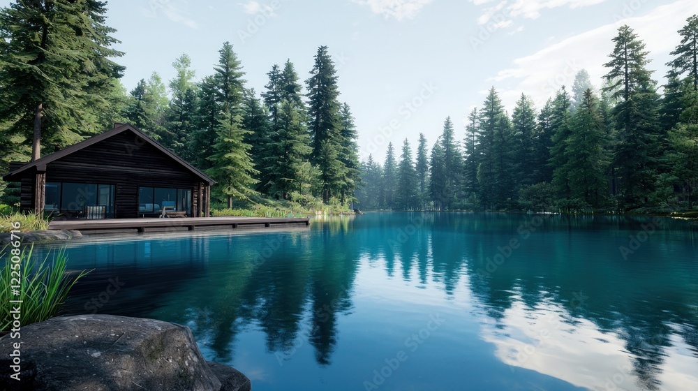 Fototapeta premium Secluded Lakeside Cabin in the Woods
