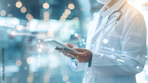 Professional doctor wearing a white lab coat and stethoscope using a digital tablet in a modern clinic