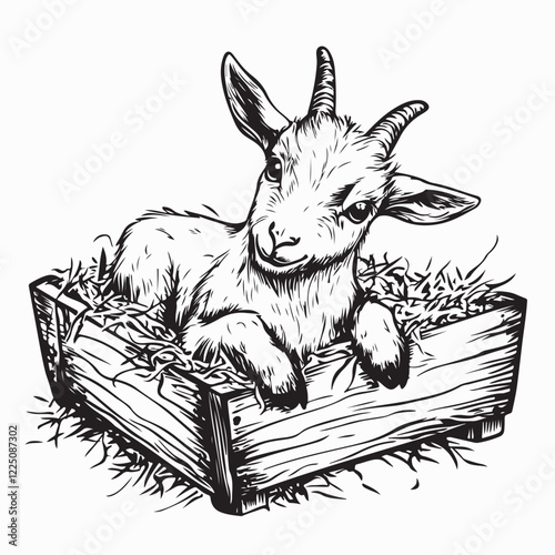 Cute Newborn Goat Resting Peacefully in a Wooden Crate with Straw Vector