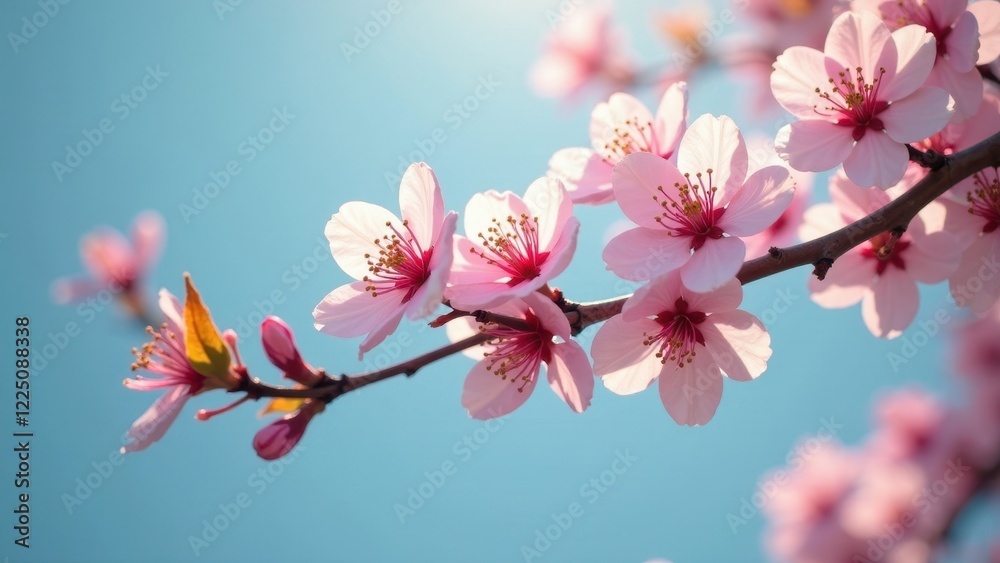 Obraz premium Delicate Pink Blossoms on a Branch Against a Serene Blue Sky, a Symbol of Spring's Gentle Arrival and the Promise of Renewal