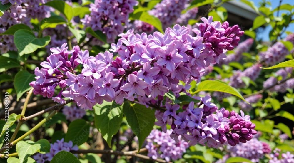 Lilac flowers in bloom, vibrant and fresh, close-up view, green foliage background Lilac flowers in bloom, vibrant and fresh, close-up view, green foliage background