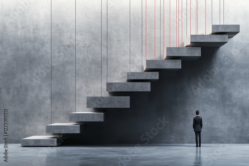 A minimalist design of a person standing in front of a considerably large staircase, with bold lines indicating upward progress photo