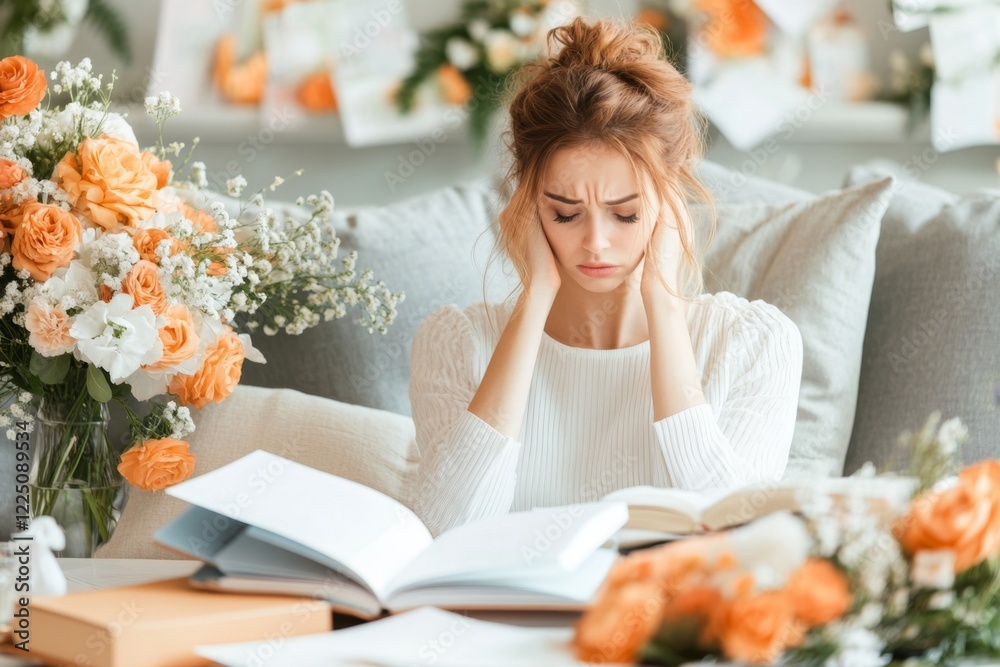 A bride-to-be sitting on a couch surrounded by wedding invitations, decorations, and a chaotic wedding planner book, looking stressed yet determined A bride-to-be sitting on a couch surrounded by wedding invitations, decorations, and a chaotic wedding planner book, looking stressed yet determined