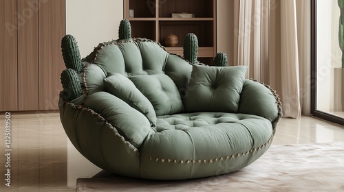 Comfortable cactus throne with soft cushions and realistic cactus detailing at the back, set in a sleek, neutral-toned room for a relaxed yet contemporary style. photo