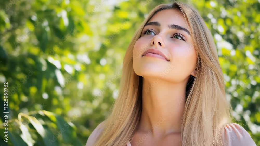 Young girl enjoying nature and sunlight in a lush green environment with a serene expression Young girl enjoying nature and sunlight in a lush green environment with a serene expression